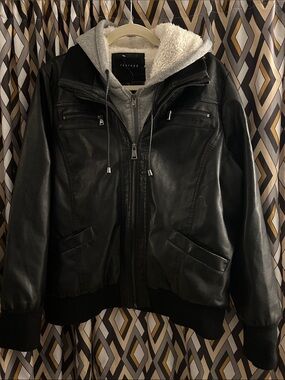 Therapy Black Faux Leather Jacket with Gray Sherpa-Lined Hoodie
